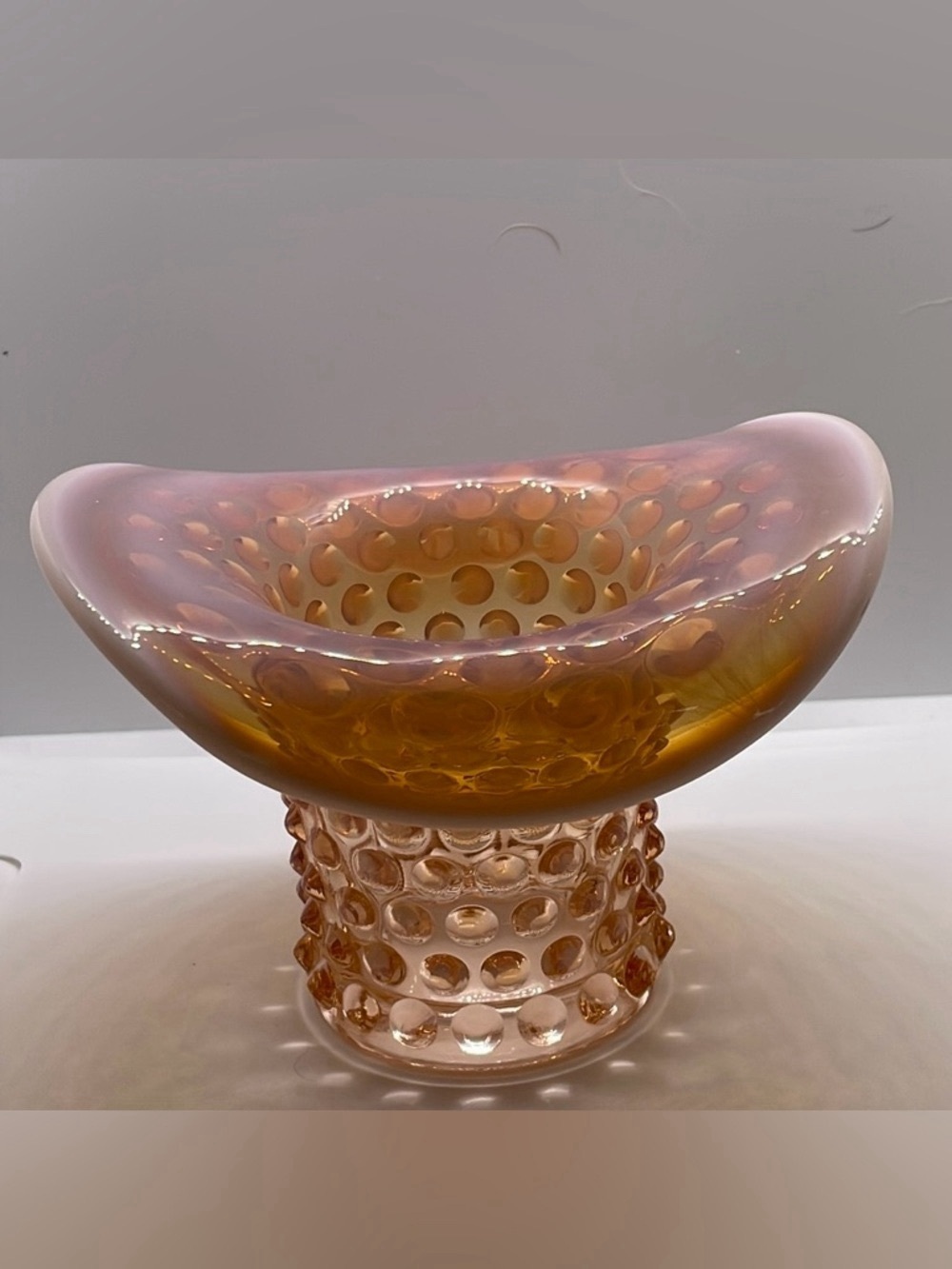Handblown Pink and Amber Hobnail Glass Decorative Bowl